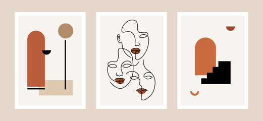 retro mid century modern poster set, boho vector illustration, minimalist design with abstract faces, geometric shapes and line art elements, A3 prints and backgrounds