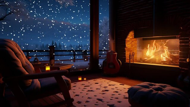 cozy room with fireplace and snowing outside, winter ambience