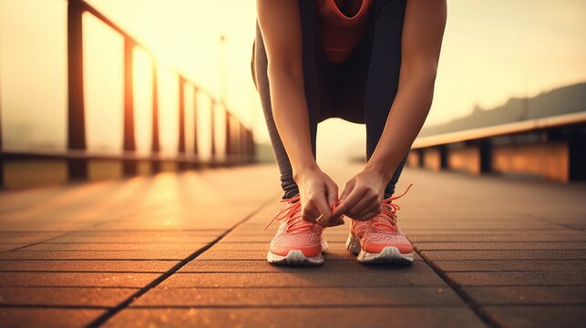Close up of sporty woman tying shoelace while kneeling outdoor, In background bridge. Fitness outdoors concept
