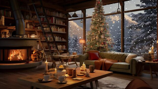 fireplace with christmas decorations room in holiday season winter with snow outside