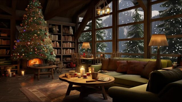 christmas tree in the living room with fireplace and snow