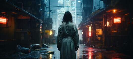Jesus at rainy night city alley. Generative AI technology.