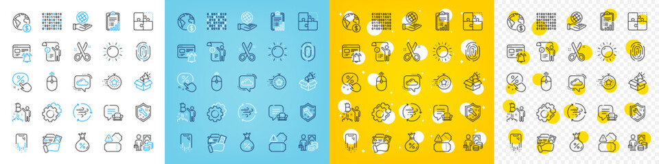 Vector icons set of Sun energy, Loan and Cut line icons pack for web with Binary code, Money profit, Safe planet outline icon. Timer, Megaphone box, Fingerprint pictogram. Lounge place. Vector