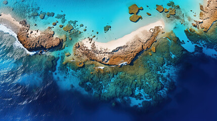 a coral atoll emerges in the midst of the boundless deep blue ocean. - obrazy, fototapety, plakaty