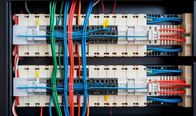 Box for  wires of distribution of an electricity, PLC Control panel with wiring, lectric control panel enclosure for power and distribution, Generative AI