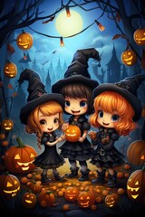 Magic enchanted cute cartoon magic witches wearing hats in Happy Halloween spooky scary fantasy fall scene party night background. Haloween party invitation backdrop.