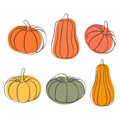 Pumpkin design for Thanksgiving or Halloween. Composition of pumpkins in line art style. Outlined pumpkin, pumpkin doodles.