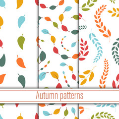 Collection of autumn seamless vector pattern. Hand drawn autumn background with falling leaves. Abstract wallpaper for Thanksgiving.