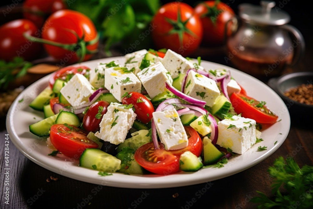 Poster a delicious and refreshing salad made with crisp cucumbers and ripe tomatoes. perfect for a light an