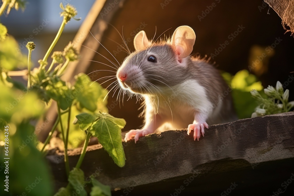 Poster a rat perched on top of a wooden fence. this image can be used to depict urban wildlife or as a symb