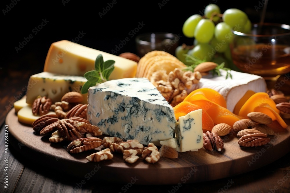 Poster a wooden plate topped with a variety of cheese and nuts. this image can be used to showcase a delici