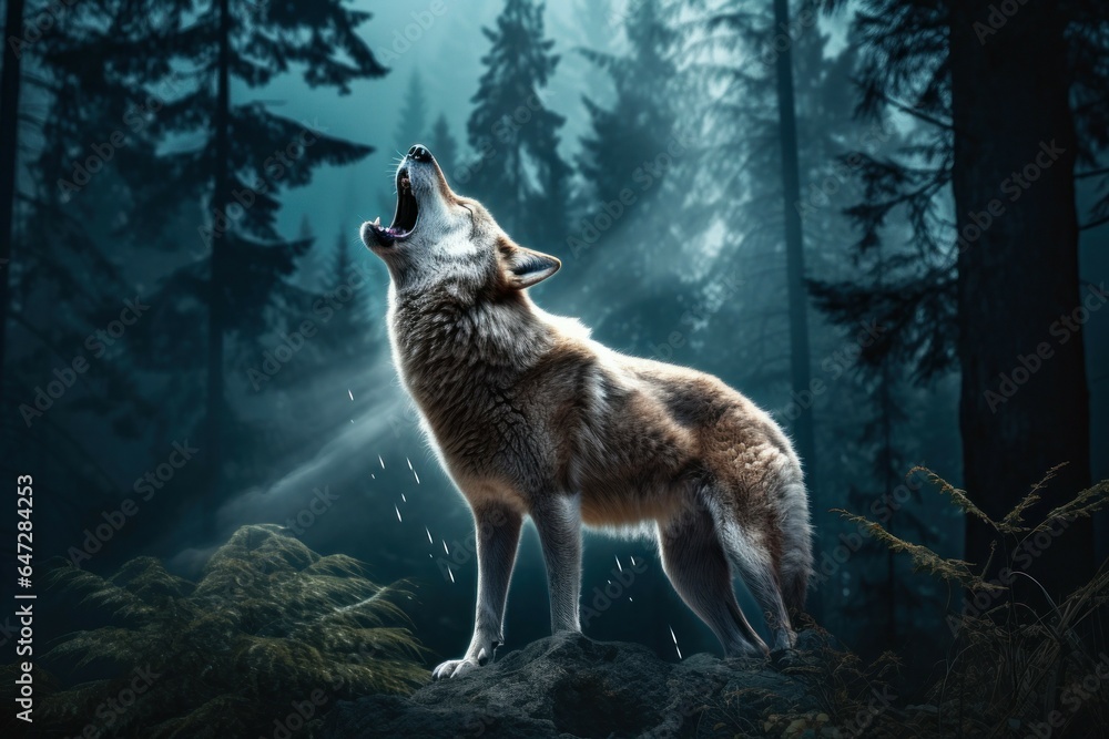Poster a powerful wolf standing confidently on top of a rock in a dense forest. perfect for nature and wild