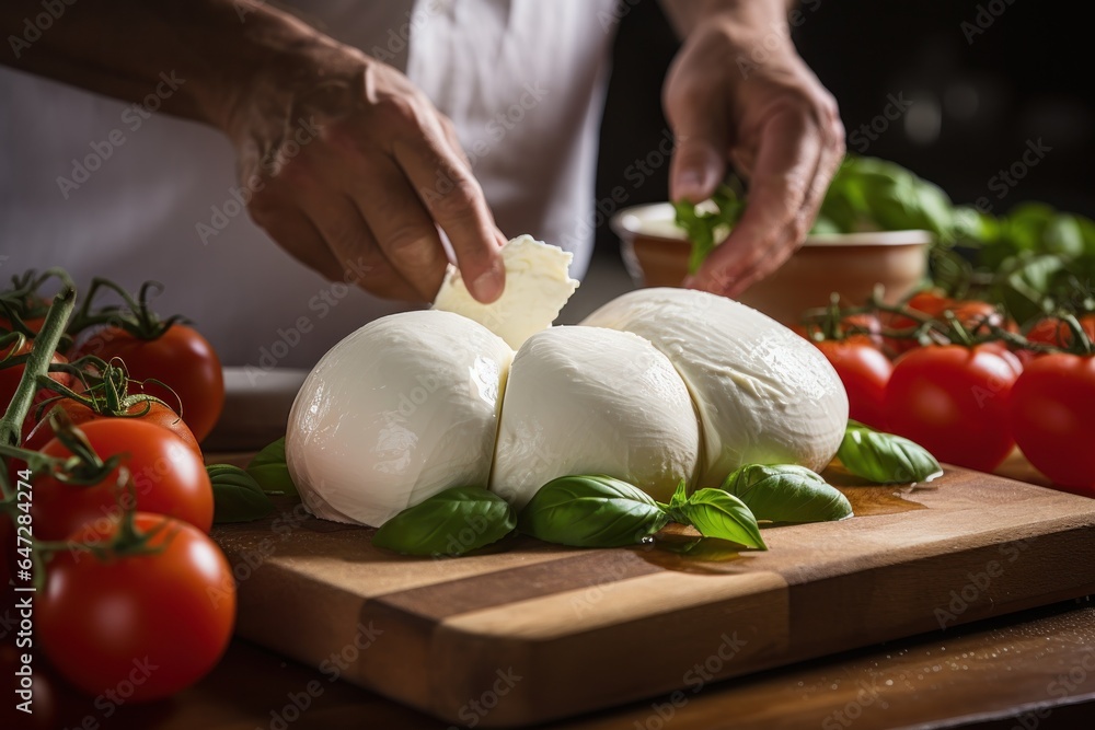 Poster a person is shown cutting a piece of cheese on a cutting board. this image can be used for various c