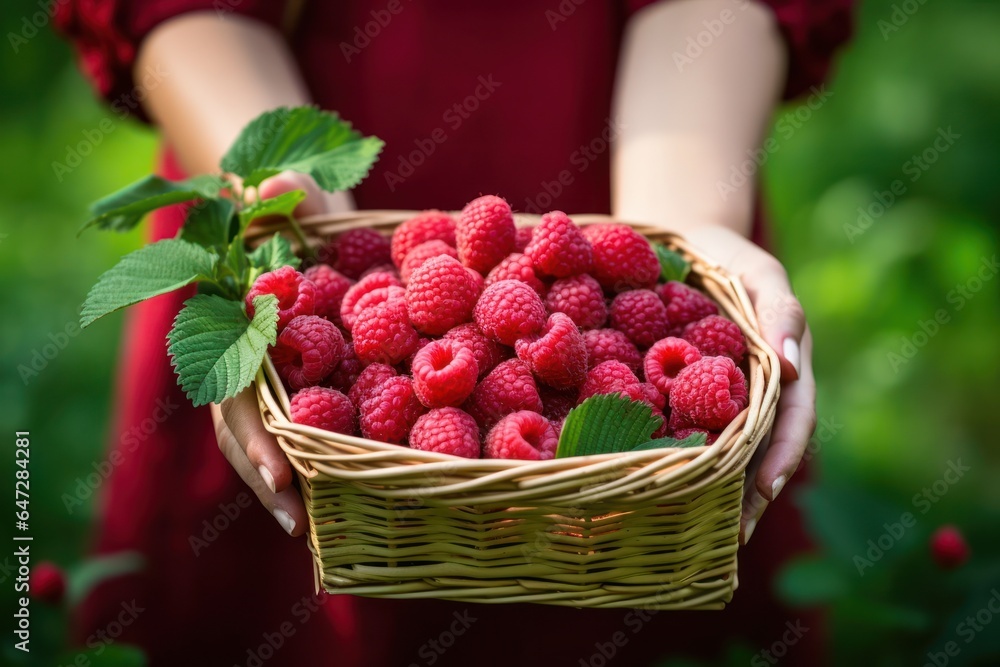 Poster a person holding a basket of fresh and ripe raspberries. this image can be used in various contexts,