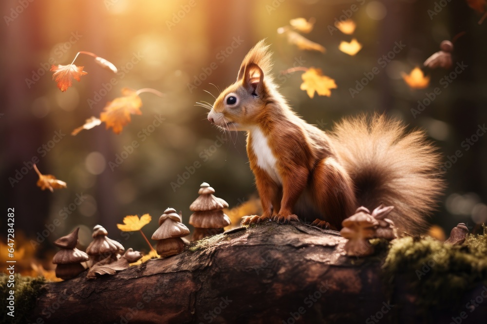 Poster A squirrel perched on top of a log amidst a pile of colorful leaves. This image can be used to depict the beauty of nature or the changing seasons.
