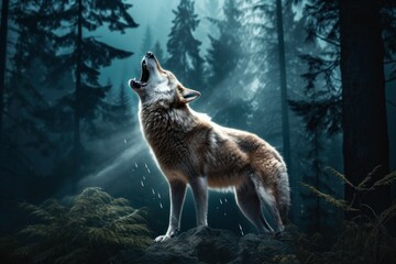 A powerful wolf standing confidently on top of a rock in a dense forest. Perfect for nature and wildlife enthusiasts looking for a captivating image of the majestic predator in its natural habitat.