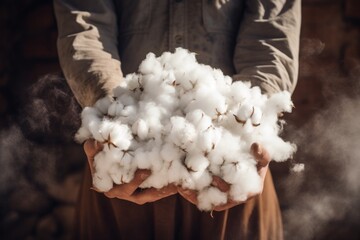A person holding a pile of cotton. This image can be used to represent textile industry, cotton harvesting, or manufacturing process. - Powered by Adobe
