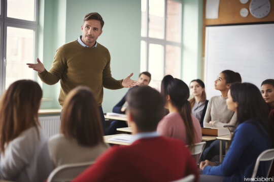Teacher With College Students Giving Lesson In Classroom