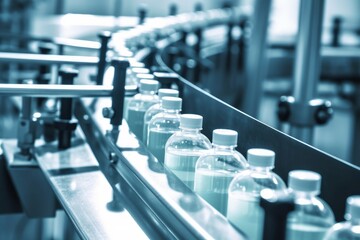 pharmaceutical industry, medicine pills are filling in the  bottle on production line machine conveyor at the medical factory. selective focus, Generative AI