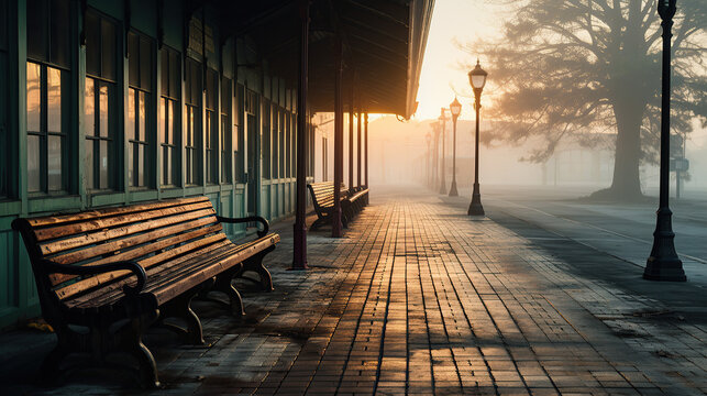 An aged train station platform featuring wooden benches and vintage luggage.