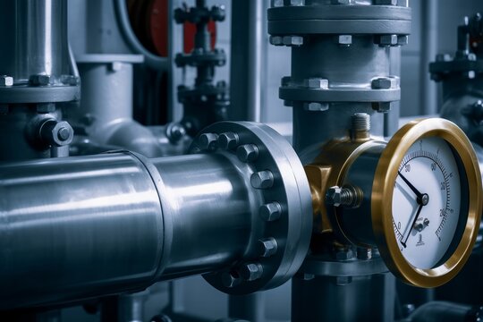Industrial  concept. equipment of the boiler-house, tubes, pressure gauges, thermometer. Close up of manometer, pipe, flow meter, water pumps and valves of heating system in a boiler, Generative AI