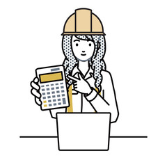 座ってデスクでノートPCを開いて電卓を指差してこちらに向けて見せている工事現場の女性