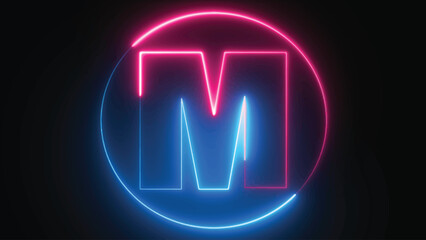 Neon Letter M with neon circle, Neon alphabet M glowing in the dark, pink blue neon light, Shine text M, the best digital symbol, 3d render, Education concept.