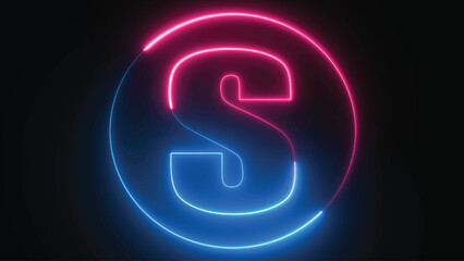 Neon Letter S with neon circle, Neon alphabet S glowing in the dark, pink blue neon light, Shine text S, the best digital symbol, 3d render, Education concept.