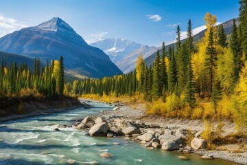 Scenic Canadian mountains with a river, trees, and peaks. Beautiful autumn weather. Located in British Columbia, Canada. Generative AI