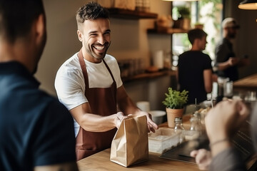 Waiter serving takeaway food to customers at counter in small family eatery restaurant, trendy fast food smiling owner delivering an online to go order in recycled paper bag to clients