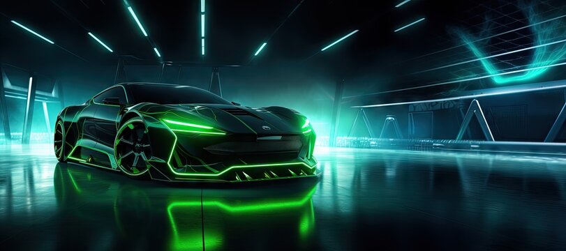 Futuristic Green Neon Car Scene - Auto Design in Luminescent Shades - Background with Empty Copy Space for Text - Fictional Conceptional Car Wallpaper Green Neon created with Generative AI Technology