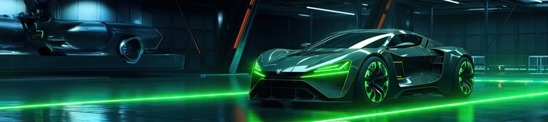 Futuristic Green Neon Car Scene - Auto Design in Luminescent Shades - Background with Empty Copy Space for Text - Fictional Conceptional Car Wallpaper Green Neon created with Generative AI Technology - obrazy, fototapety, plakaty