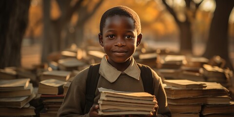 African poor boy with textbooks. Back to school. Generative AI - obrazy, fototapety, plakaty