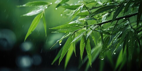 Young branches of bamboo on the leaves of which there small drops of rain. Generative AI