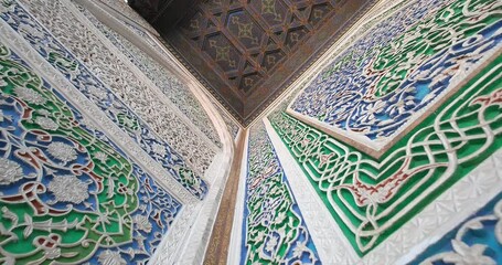 Walls with ganch carved panels in The State Museum of Applied Arts of Uzbekistan, Tashkent, Uzbekistan - June 8, 2023