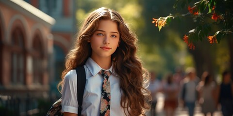 Fototapeta premium A cute American schoolgirl in front of school. First school day at school. Generative AI