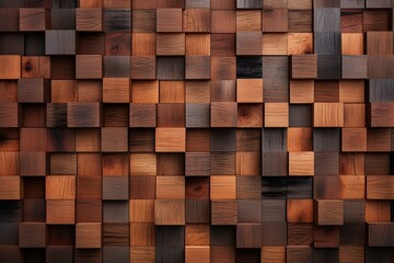 Wooden 3D wall background with tiles, square tile wallpaper with timber, natural blocks. Generative AI