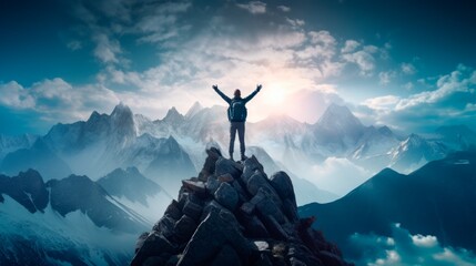person on the top of the mountain with his arms reaching up to the sky in recognition, - obrazy, fototapety, plakaty