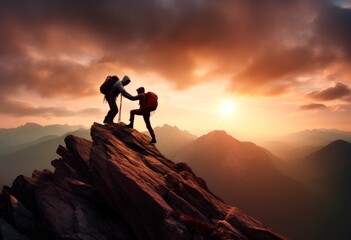 Two people helping each other on a mountain top