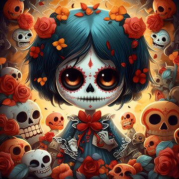 Cartoon Girl in Day of the Dead,Generativ AI
