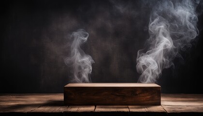 Empty Blank Old Dark Brown Wooden Table Podium Stand Platform White Smoke Smog Fume Dim Light Black Wall Background Eerie Rustic Grunge Backdrop Halloween Creepy Banner Mockup Product Display Showcase