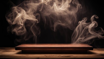 Empty Blank Old Dark Brown Wooden Table Podium Stand Platform White Smoke Smog Fume Dim Light Black Wall Background Eerie Rustic Grunge Backdrop Halloween Creepy Banner Mockup Product Display Showcase