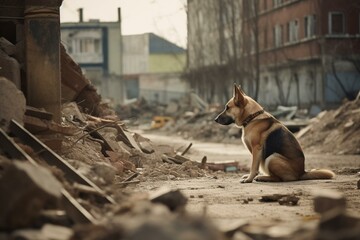 lonely dog in demolished urban area. Generative AI - obrazy, fototapety, plakaty
