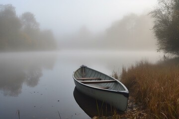 Misty fog envelops rowing boat. Generative AI