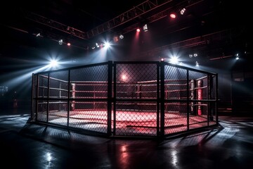 MMA cage event under dim lights. Generative AI
