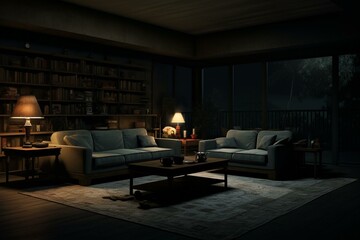 Fototapeta na wymiar Rendered eerie living room decor at night. Generative AI