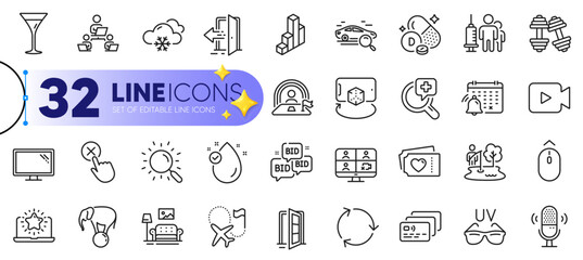 Outline set of Notification calendar, Search and Medical vaccination line icons for web with Video camera, Card, Teamwork thin icon. Snow weather, Open door, Bid offer pictogram icon. Vector