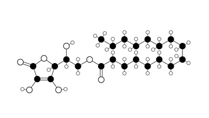 ascorbyl palmitate molecule, structural chemical formula, ball-and-stick model, isolated image food additive e304