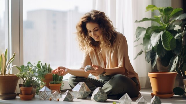 Charming lady placing decorative stones into geometric florarium with succulent plant while sitting at the windowsill at home