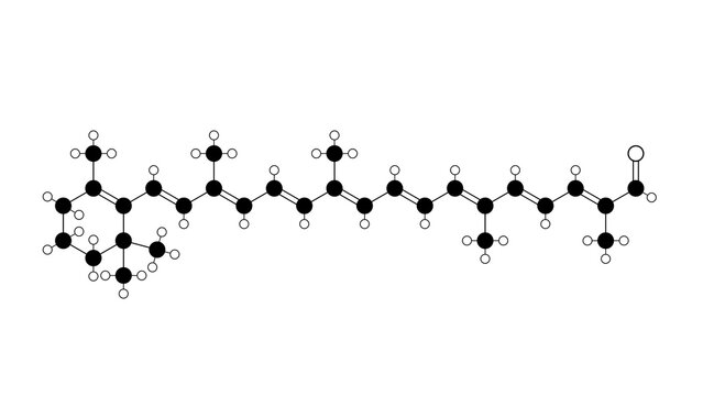 apocarotenal molecule, structural chemical formula, ball-and-stick model, isolated image food additive e160e